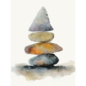 May include: A watercolor painting of a stack of five stones in a pyramid shape. The stones are painted in shades of gray, brown, and yellow.
