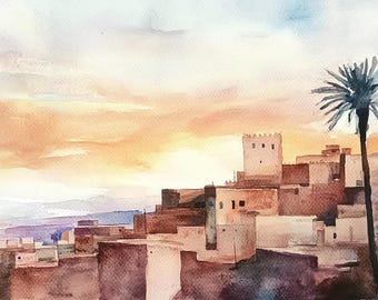 Morocco Painting Marrakesh Watercolor Art Print Sunset Cityscape Wall Art Desert Landscape Print Travel Poster