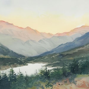 Smoky Mountains pittura Mountain Valley acquerello arte stampa alba paesaggio parete arte lago stampa