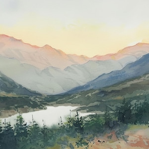 スモーキーマウンテンの絵画、山の谷、水彩画アートプリント、日の出風景、ウォールアート、湖のプリント