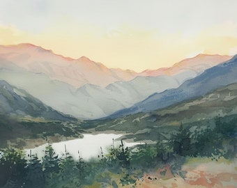 Smoky Mountains Painting Mountain Valley Watercolor Art Print Sunrise Landscape Wall Art Lake Print