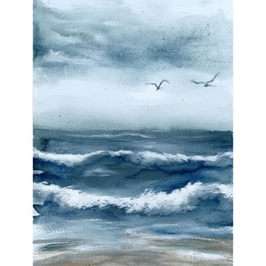 Stormy Ocean Painting Ocean Wave Watercolor Art Print Seagull Wall Art Nautical Artwork