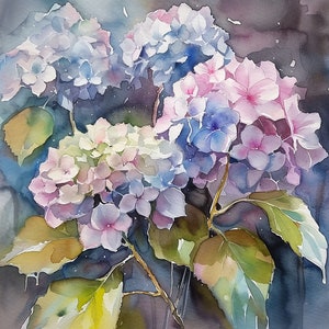 アジサイの水彩画アートプリント アジサイの花の絵画 植物の壁アート 庭の花のアート 花の壁の装飾