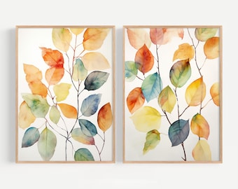 Leaves Watercolor Art Set Of 2 Prints Autumn Forest Wall Art Colorful Leaf Poster Fall Nature Landscape Artwork