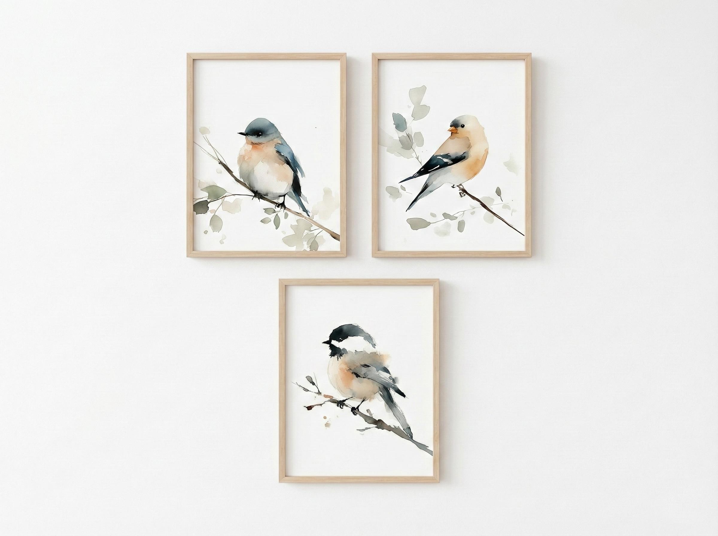 Watercolor Bird Prints Set Of 3 Chickadee Goldfinch Bluebird Wall Art Nature Lover Gift Cottagecore Decor Winter Wildlife Painting
