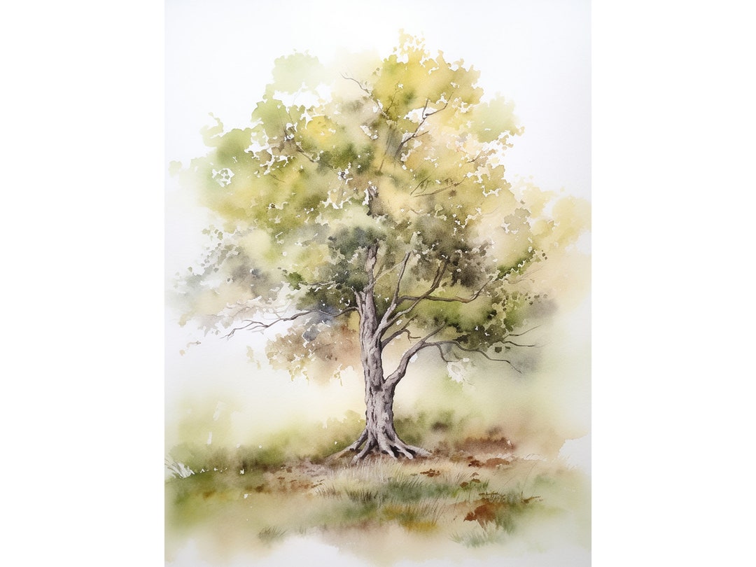 Oak Tree Watercolor Print Green Tree Painting Summer Wall Art Neutral ...