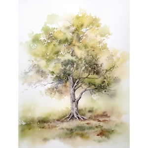Oak Tree Watercolor Print Green Tree Painting Summer Wall Art Neutral Oak Tree Fine Art Print