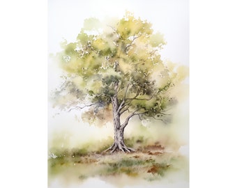 Oak Tree Watercolor Print Green Tree Painting Summer Wall Art Neutral Oak Tree Fine Art Print