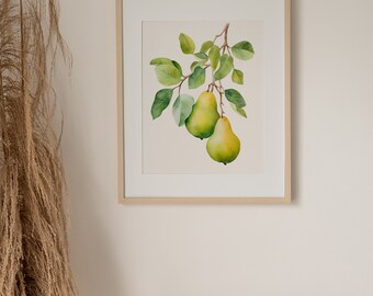 梨の水彩画アートプリント フルーツの絵画 梨の枝 植物の壁アート 2