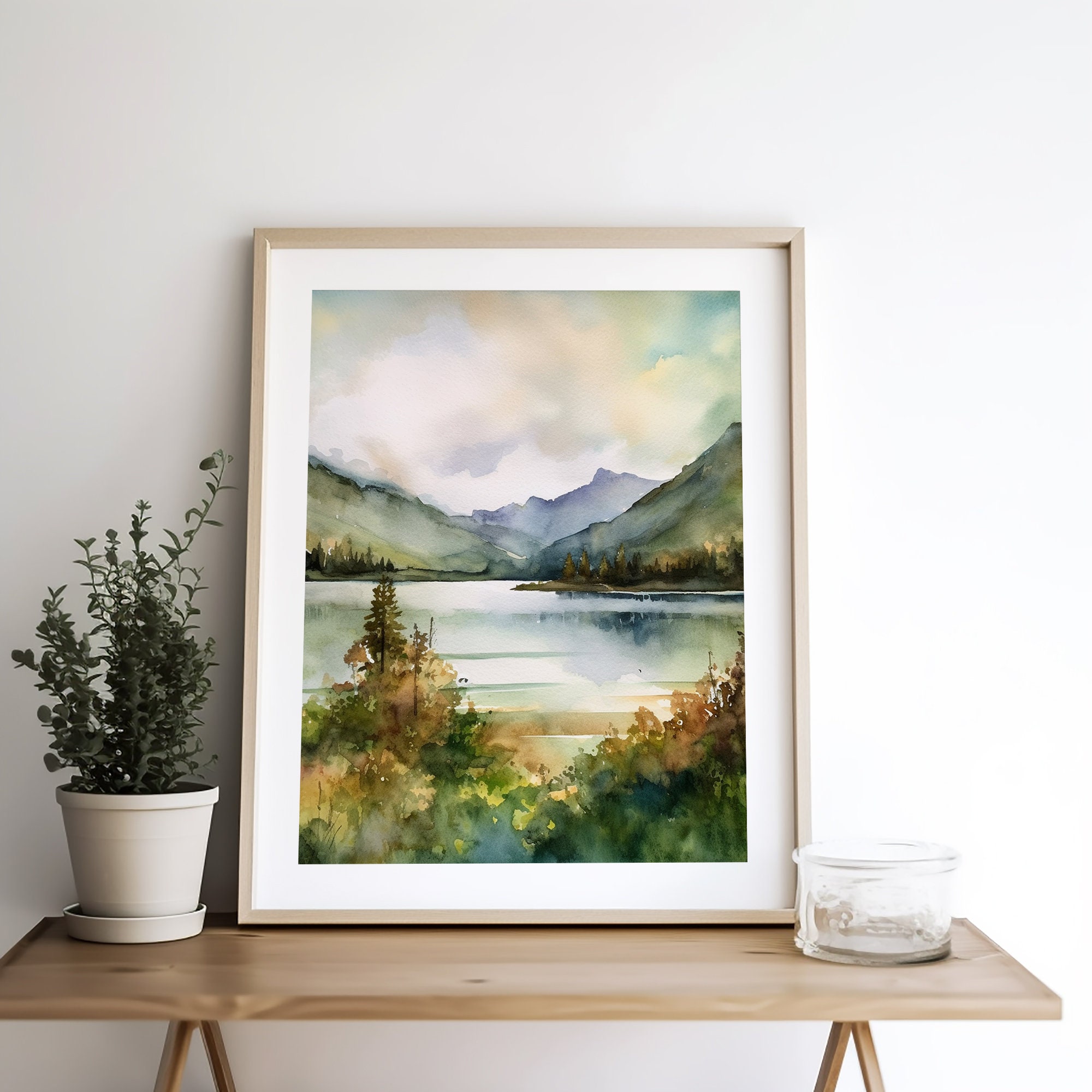 Misty Mountain Watercolor Lake Lure Autumn Landscape Wall Art Mountain ...