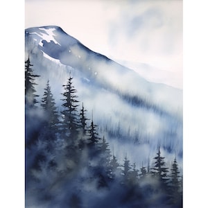 May include: A watercolor painting of a mountain range with a snowy peak, surrounded by a forest of dark green trees. The scene is bathed in a soft, blue light, creating a sense of tranquility and mystery.