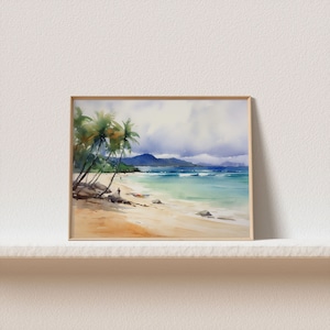 Peut inclure: Peinture &agrave; l'aquarelle d'une sc&egrave;ne de plage tropicale avec des palmiers, un rivage sablonneux et une eau turquoise. Le ciel est nuageux et l'eau a de petites vagues.