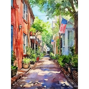Charleston SC Print Philadelphia Alley Watercolor Cityscape Painting South Carolina Landscape Colorful House Art