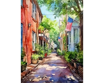 Charleston SC Print Philadelphia Alley acuarela paisaje urbano pintura Carolina del Sur paisaje colorido casa arte