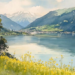 May include: A watercolour painting depicting a lake scene with a town in the distance, surrounded by mountains. The lake is a light blue colour and the mountains are a dark green. There are yellow flowers in the foreground.