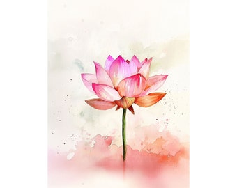 Pintura de loto rosa, Arte de acuarela de flor de loto, Arte de pared de nenúfar, Impresión de arte de estanque, Decoración de pared Zen