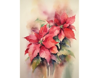 Poinsettia Painting Christmas Flower Watercolor Painting Floral Art Print Red Poinsettia Wall Art Botanical Poster Christmas Wall Decor