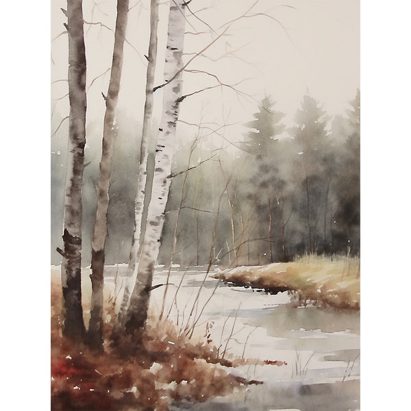 Winter Forest Painting Aspen Landscape Watercolor Snowy Birch Trees Art Print Neutral Forest Poster