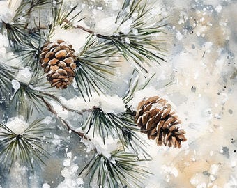 松ぼっくりの絵画、松の枝の水彩画、雪の松葉のプリント、常緑樹の壁