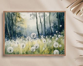 夏の野原の絵画 ふわふわのタンポポの水彩画 アートプリント 白い