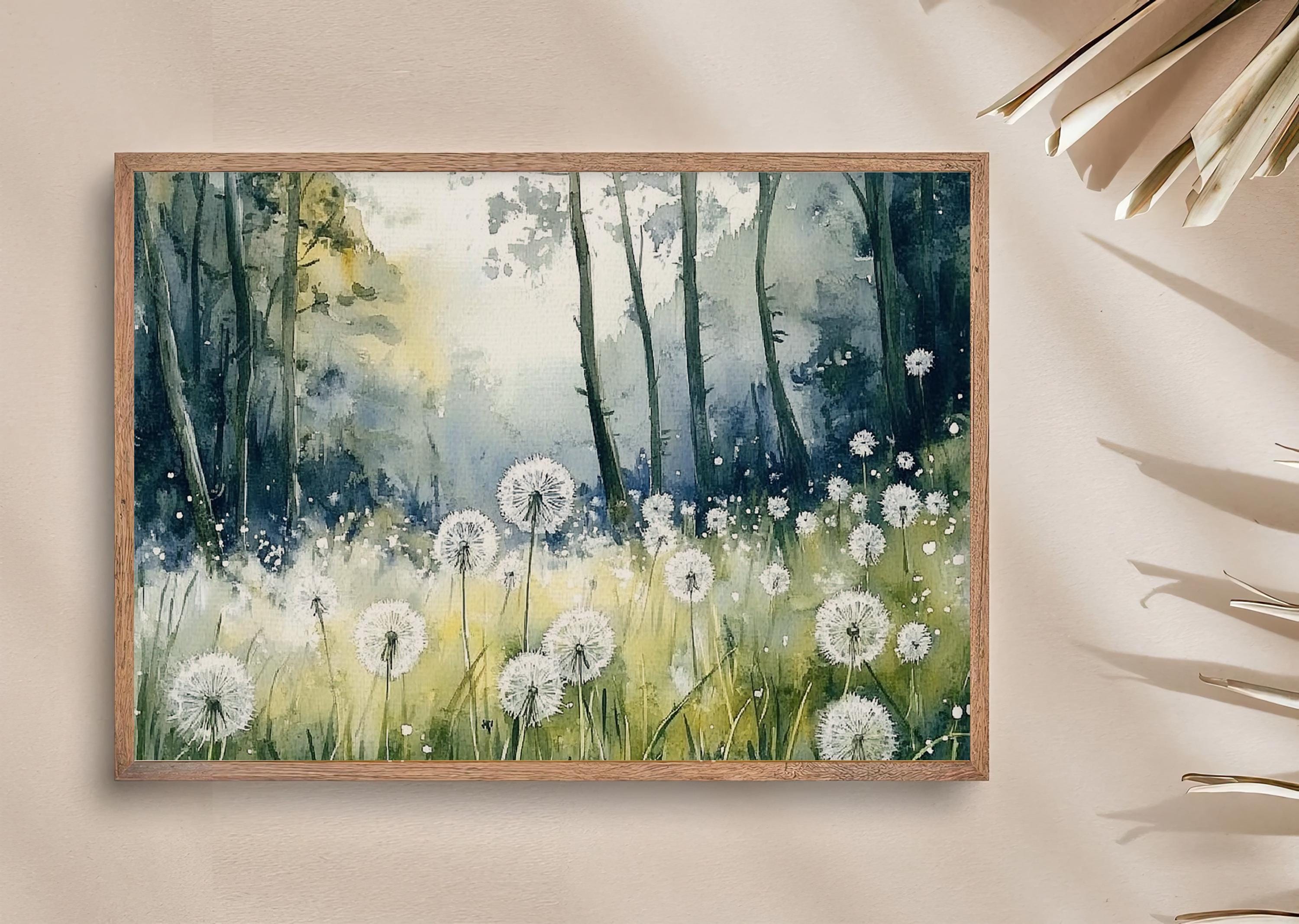 夏の野原の絵画 ふわふわのタンポポの水彩画 アートプリント 白い