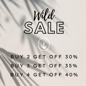 May include: A white background with a palm leaf shadow. The text "Wild SALE" is in black with a thick outline. An arrow points down to the text "BUY 2 GET OFF 30%, BUY 3 GET OFF 35%, BUY 4 GET OFF 40%".