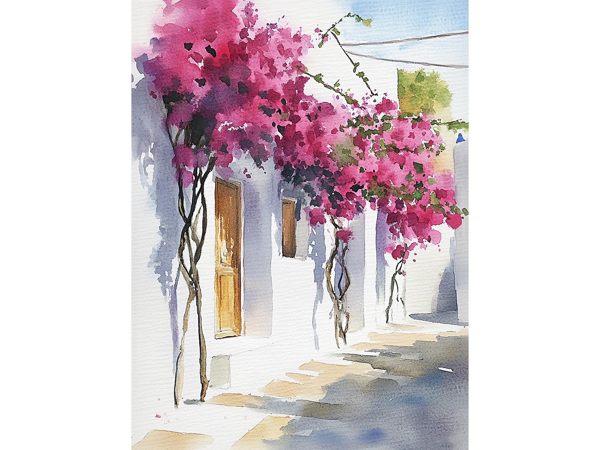 ブーゲンビリアの絵画 サントリーニ 水彩画 アートプリント ギリシャの