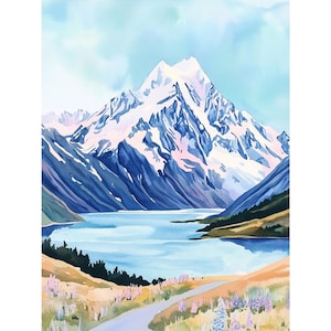 Aoraki Mount Cook Painting New Zealand Watercolor Art Print Mountain Landscape Wall Art Travel Poster Housewarming Gift