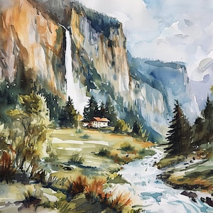 Staubbach Waterfall Painting Switzerland Landscape Lauterbrunnen Watercolor Art Print Mountain Valley Wall Art