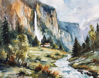 Staubbach Waterfall Painting Switzerland Landscape Lauterbrunnen Watercolor Art Print Mountain Valley Wall Art