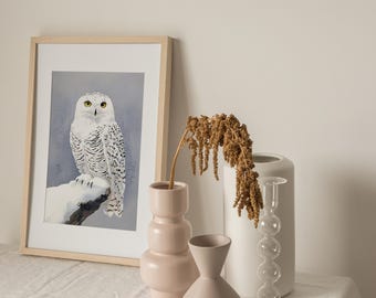 シロフクロウの絵画 冬の鳥 水彩画 アートプリント 野生動物 ウォール