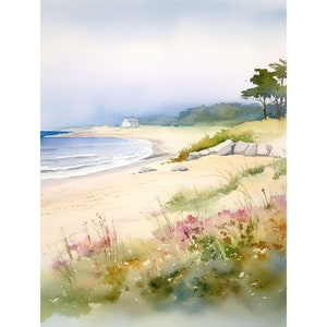 ケープコッドの絵画 海岸の水彩画 アートプリント 砂丘の壁アート 野生のバラの風景 海の景色のアートワーク ビーチの風景アート