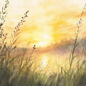 Stampa artistica di un dipinto sul fiume Sacramento, tramonto sul prato, grande poster minimalista ad acquerello, paesaggio californiano, stampa di fiori selvatici