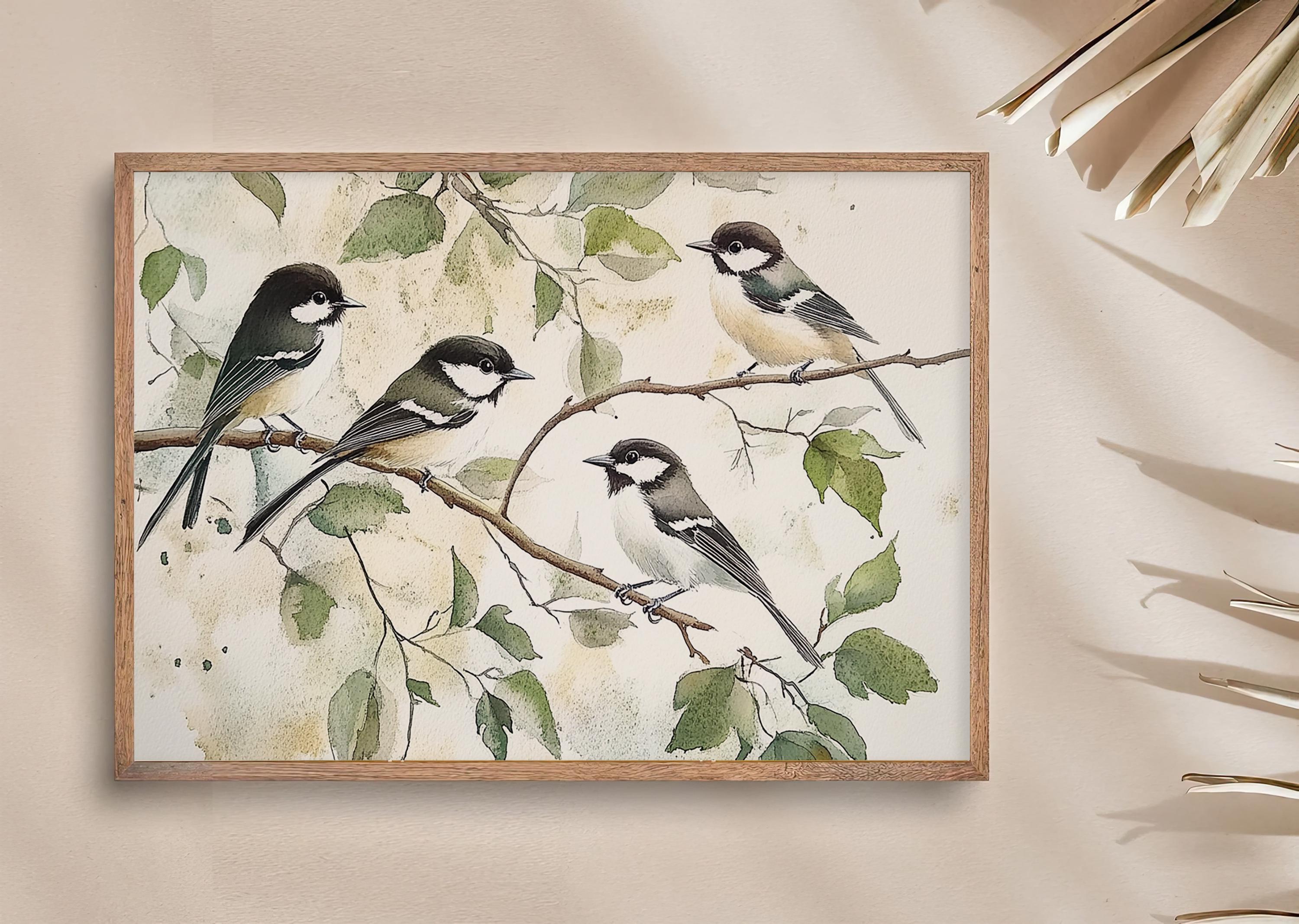 Impression d'oiseau mésange huppée vintage, art mural ornithologie des années 1960 - France