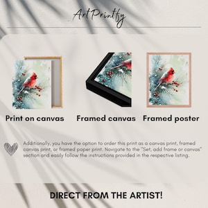 Op de afbeelding: De afbeelding toont kunstdrukken die verkrijgbaar zijn als print op canvas, ingelijste canvas en ingelijste poster. Elk bevat een aquarel schilderij van een rode kardinaal op een besneeuwde tak. De tekst "Art Printfy" en "DIRECT FROM THE ARTIST!" zijn ook zichtbaar.