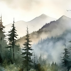 アパラチア山脈の絵画、霧深い松の木、オリジナルの水彩画による常緑樹林の壁アートのアートプリント