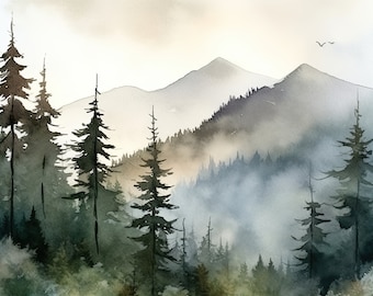 Dipinto sui Monti Appalachi con alberi di pino nebbiosi, stampa artistica da acquerello originale, foresta sempreverde, arte murale