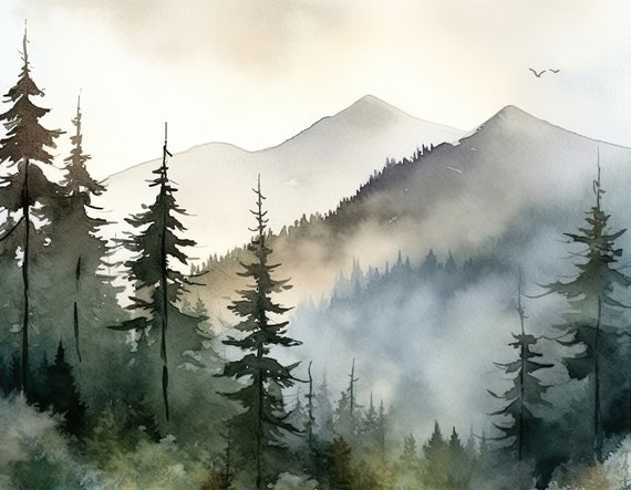 Appalachian Mountains Painting Misty Pine Trees Art Print From Original Watercolor Evergreen Forest Wall Art