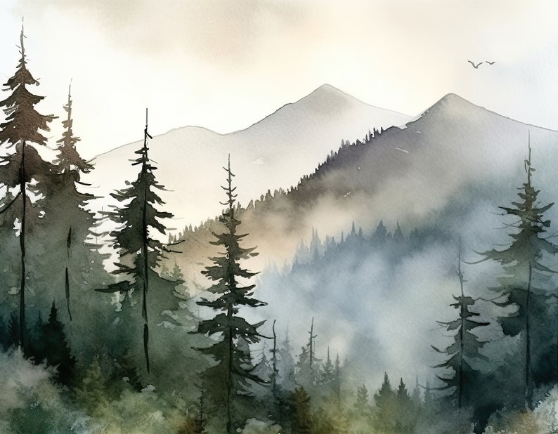Appalachian Mountains Painting Misty Pine Trees Art Print From Original Watercolor Evergreen Forest Wall Art