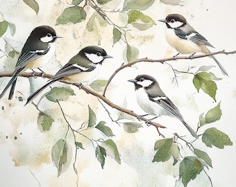 Chickadee Painting Birds Watercolor Art Print Bird On Branch Art Minimalist Wall Art Green Tree Print