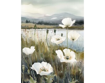 Lough Key Forest Park Painting White Poppy Watercolor Art Print County Roscommon Landscape Wall Art Forest Lake Print