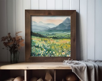 ロッキー山脈の絵画 春の水彩画 アートプリント デイジーフィールド