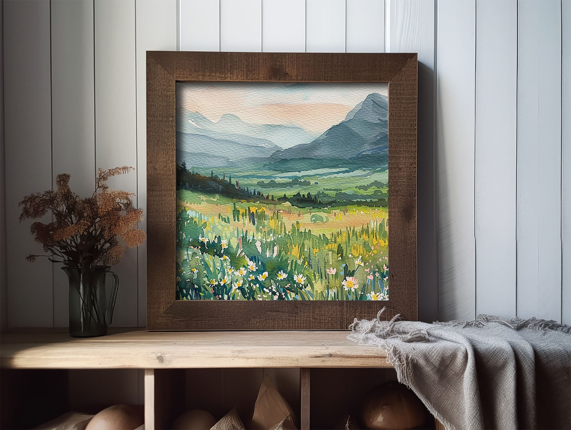 ロッキー山脈の絵画 春の水彩画 アートプリント デイジーフィールド