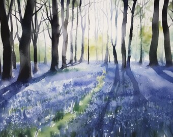 Pintura de campanillas azules, impresión de acuarela de prado, arte mural de bosques encantados de Virginia, póster de paisaje de campanillas azules