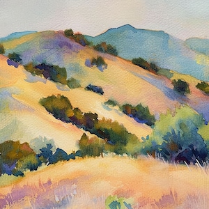 California Hills Malerei San Luis Obispo Aquarell Landschaft Kunstdruck Wald Berge Wand Kunst Eiche Baum Kunstwerk