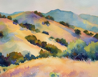 California Hills Painting San Luis Obispo Watercolor Landscape Art Print Forest Mountain Wall Art Oak Tree Artwork