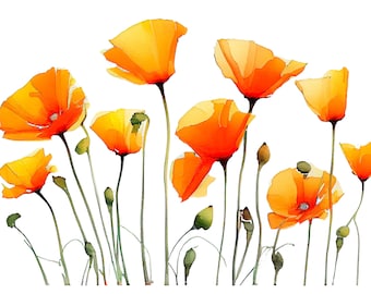 California Poppy Print Poppies Field Watercolor Painting Orange Wildflower Poster Neutral Floral Wall Art