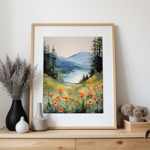 Columbia Gorge Watercolor Painting Mountain River Art Print Wildflowers Landscape Print Foggy Pine Forest Fine Art Print image 6