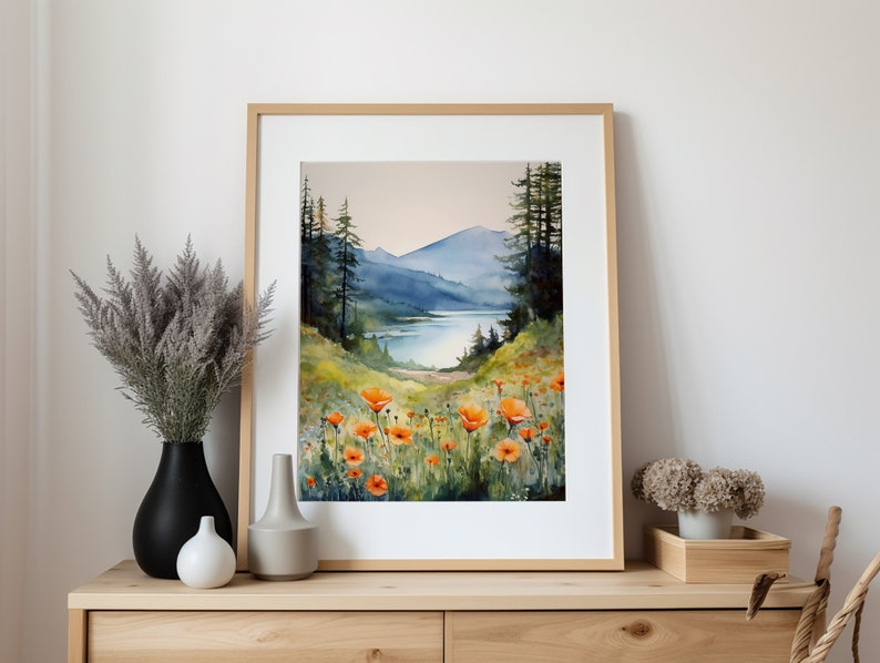 Columbia Gorge pittura ad acquerello montagna fiume stampa artistica fiori di campo stampa paesaggio foresta di pini nebbiosi stampa d'arte immagine 6