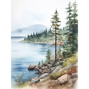 Tahoe Art Print Lake Landscape Wall Art California Watercolor Pine Forest Painting Neutral Outdoor Art Lake House Decor